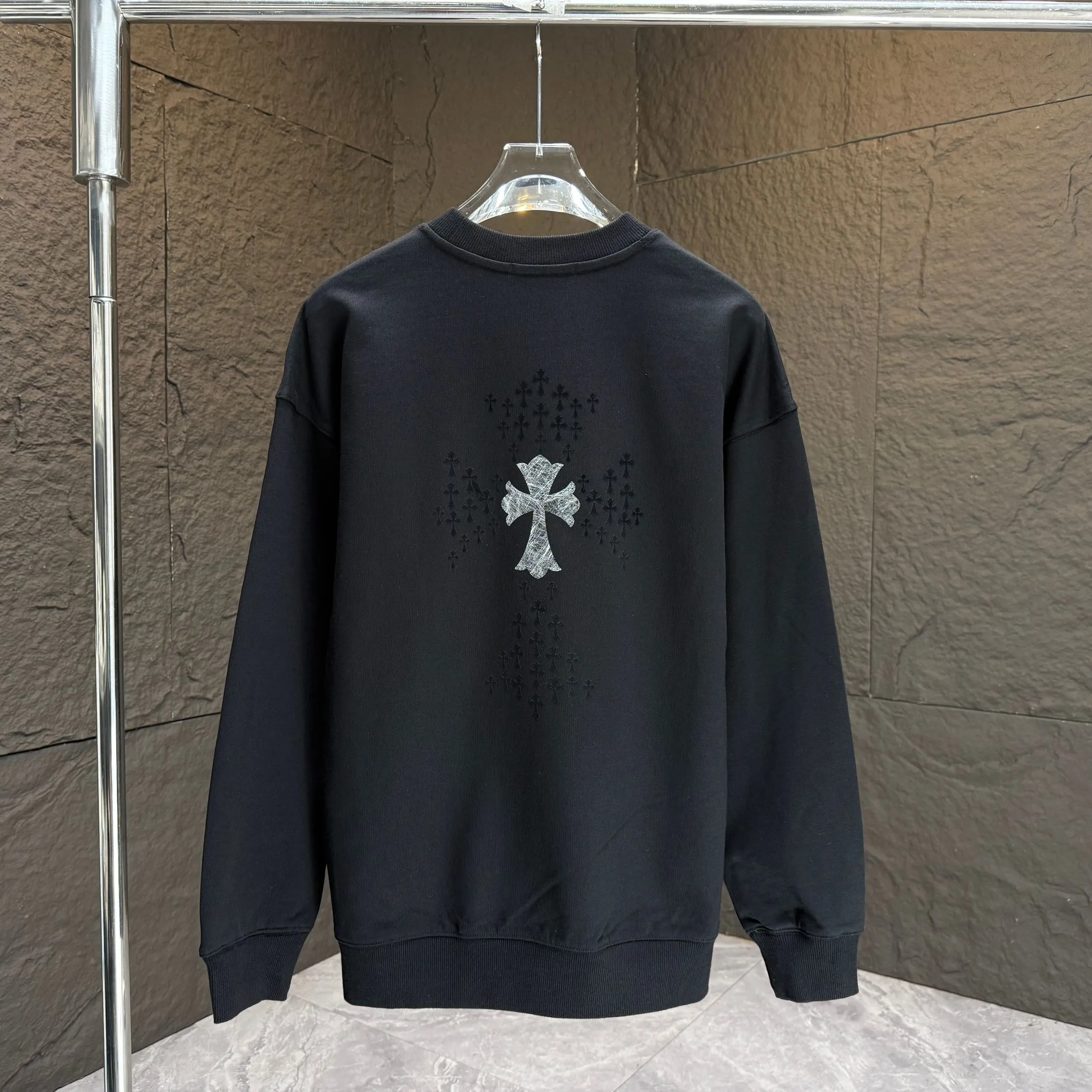 🅿️250 CH* Croixin* 2025 autumn and winter new round neck sweatshirt 400g terry cotton Sanskrit horseshoe logo flocking➕silver wire Color: Black White Gray Purple Size: S M L XL XXL